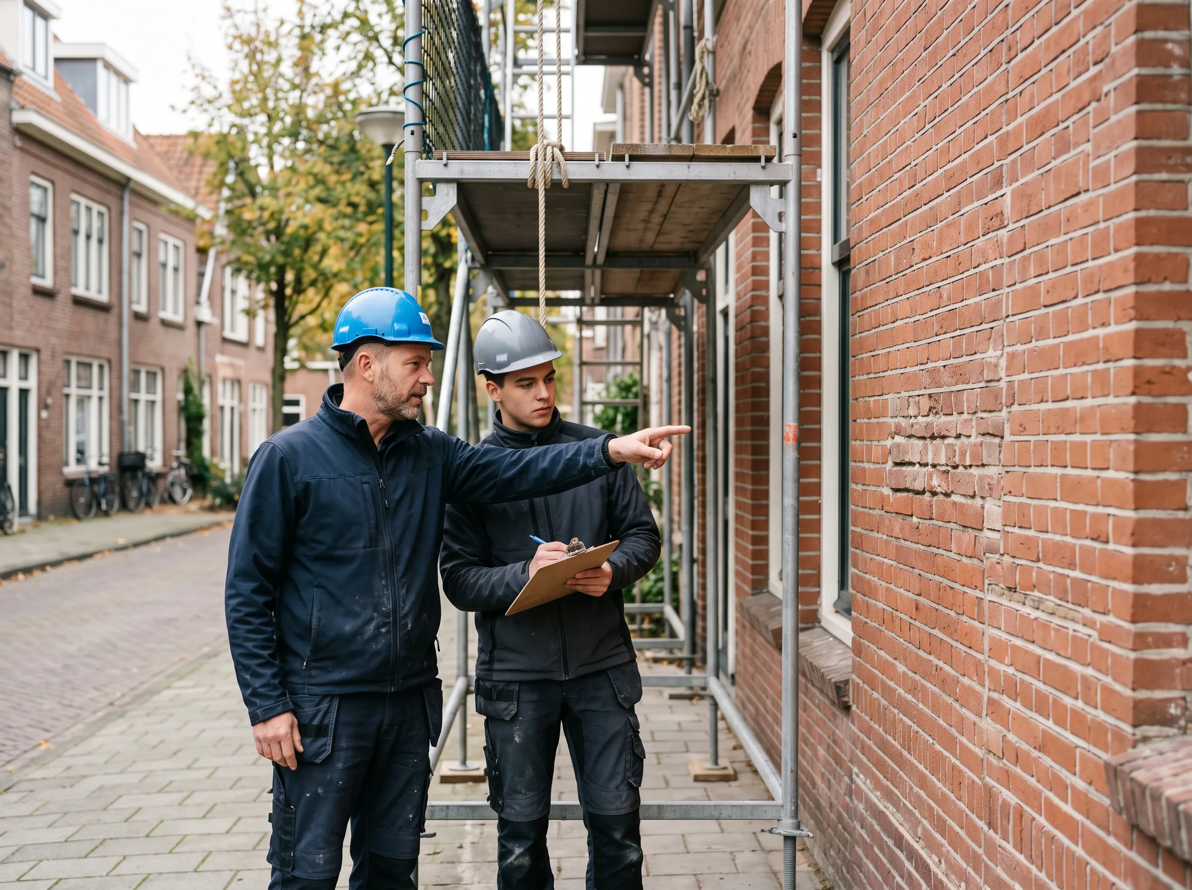 Twee vakmensen overleggen bij een gevel in renovatie