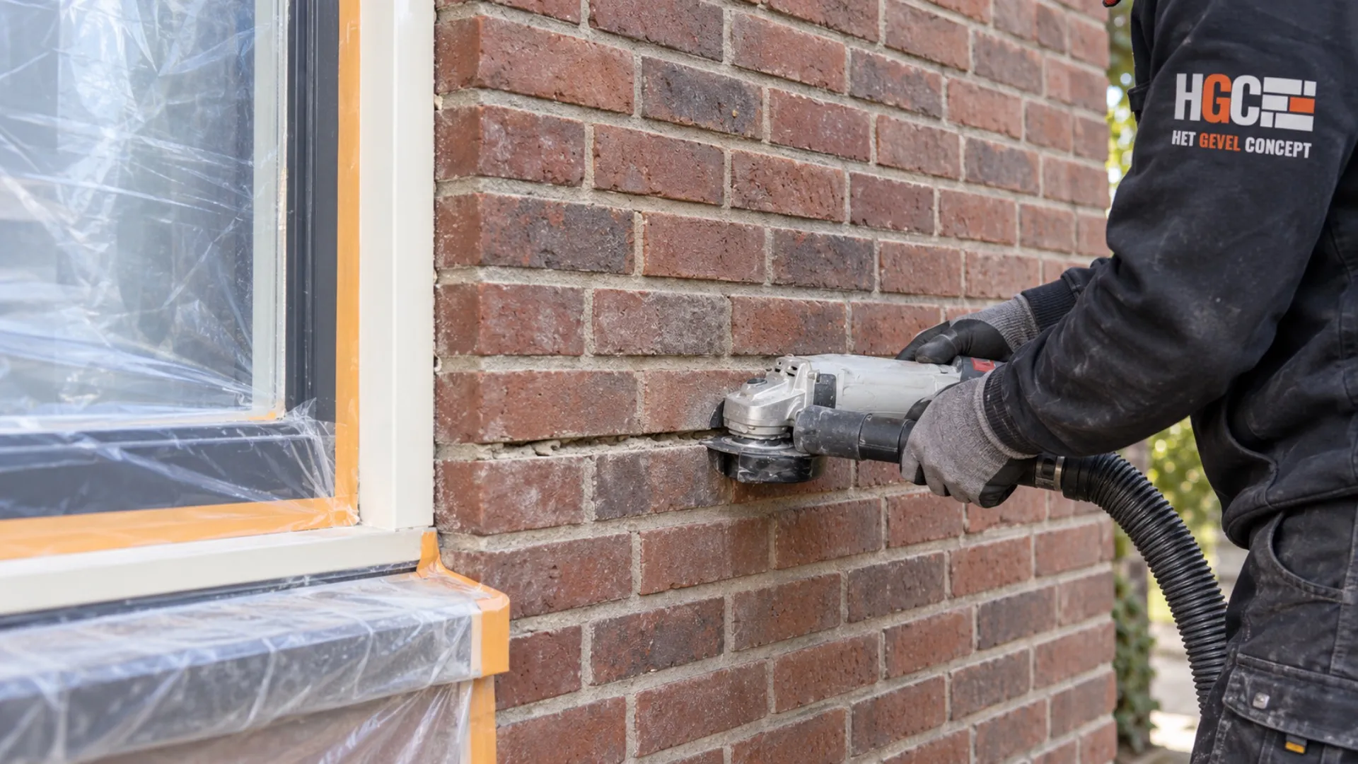 Close-up van handen die vers voegwerk aanbrengen met een voegspijker